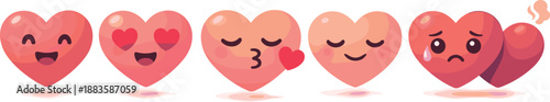 Minimal Emoji Love. Minimal emoji hearts combined with subtle facial emotion cues through shape, modern flat vector illustration