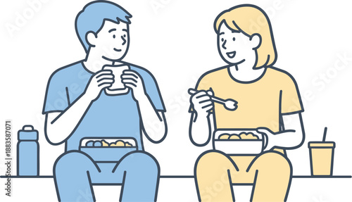 Friendly Lunch Break. Two friends sit together sharing lunch during a break, eating calmly and talking quietly, minimalist flat