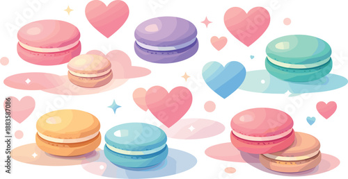Macaron Romance. Abstract macaron romance scene built from floating pastel macarons, heart shapes, and glowing accents, modern