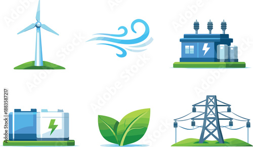 Renewable Energy Icons. Renewable wind energy landscape expressing sustainable power generation, six symbolic objects arranged in