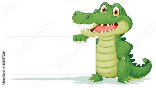 Adorable Cartoon Crocodile Holding Blank Sign Vector Illustration