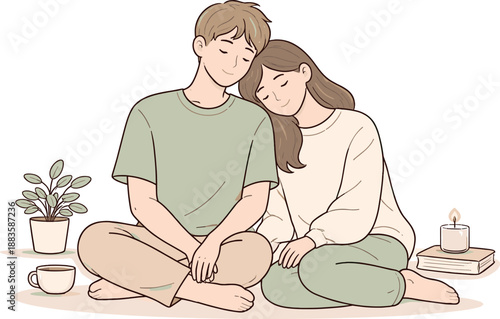 Serene Partners. Partners sitting side by side in peaceful silence, gentle body language and stillness suggesting comfort and