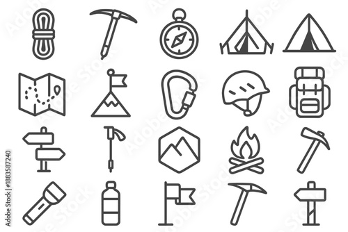 Mountain Exploration Icons. Line style icons of mountain exploration: climbing rope, ice axe, hiking boot, compass, tent, map,