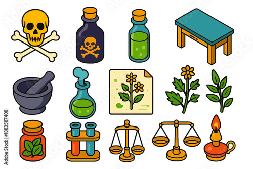 Vintage Toxicology Icons. Isometric vector illustration set Vintage Toxicology: crossbones sign, poison elixir bottle, antidote