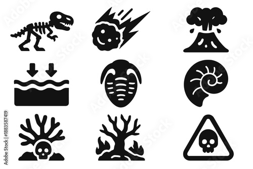 Extinction Icons Collection. Solid style icons of past extinction events: dinosaur skeleton, asteroid impact, volcanic eruption,