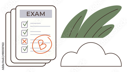 Education, performance review, learning progress, nature, eco-friendly concepts, abstract design. A stack of exam papers with a Grade B mark, leaves and a cloud. Education and performance review