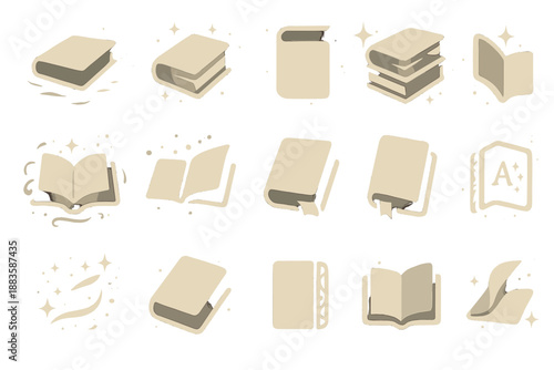 Magical Floating Book. Solid style icons of Mirage Library Book: floating book, shimmering pages, light reflection, translucent
