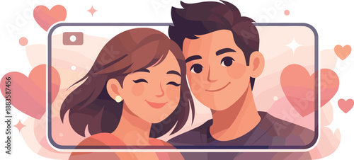 Romantic Selfie Art. Stylized couple faces framed by a floating smartphone outline and heart motifs, modern flat vector