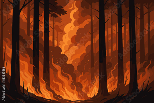 Forest Fire Drama. Dramatic fire in vector illustration a forest with smoke billowing through tall trees, rich orange and brown