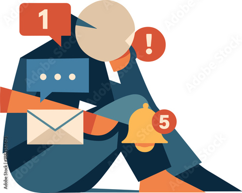 Image Generation. Single abstract geometric figure is visually fragmented by overlapping notification shapes suggesting cognitive