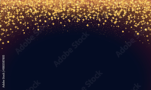 Festive vector background with gold glitter and confetti for Christmas celebration. Black background with glowing golden particles. Dark backdrop with space for text. Vector flyer or banner template.