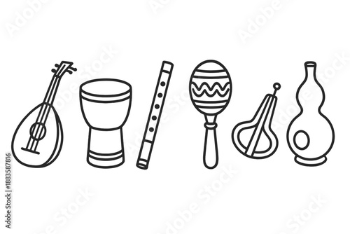 Traditional Instrument Icons. Line style icons of Traditional Instrument Study: stringed lute, hand drum, bamboo flute, carved