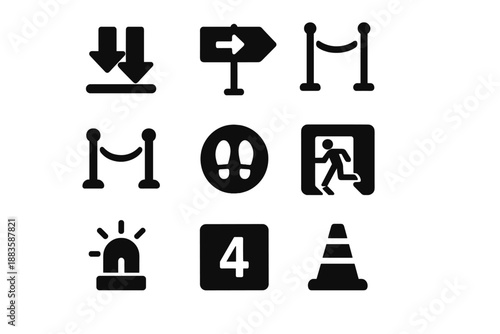 Queue Guidance Icons. Solid style icons of visual cues and guidance in queues: arrows on floor, directional sign, lane divider,