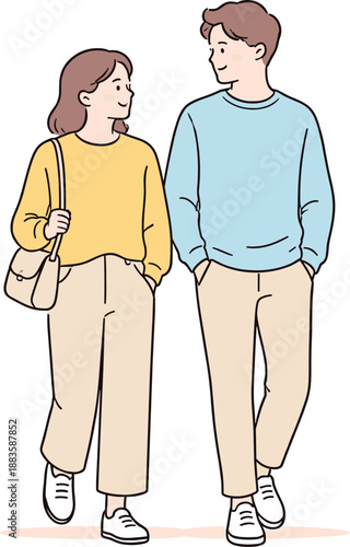 Calm Couple Stroll. Couple walks slowly side by side sharing a calm everyday lifestyle moment Minimalist flat line vector