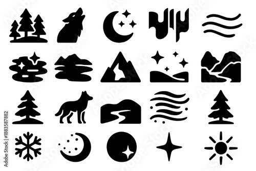 Winter Aurora Icons. Solid style icons of Winter aurora harmony: snow forest, wolf call, night gleam, aurora stripe, gentle wind,