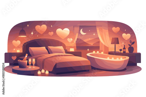 Romantic Suite Glow. Abstract romantic suite scene built from glowing forms, heart accents, and flowing warm light to evoke