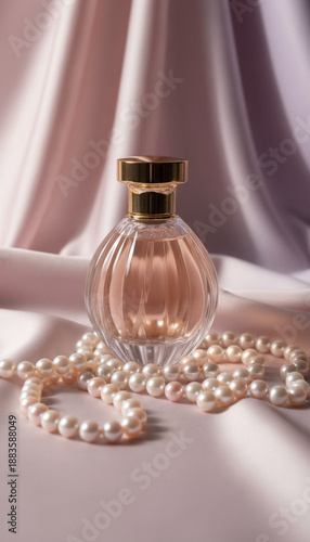 Elegant still life perfume bottle, pearls, silk fabric, pastel tones.