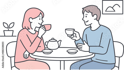 Minimalist Tea Time. Couple sits at a small table drinking tea and talking softly at home Minimalist flat line vector illustration