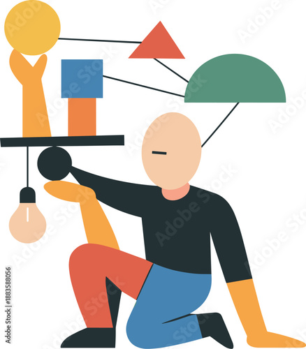 Image Generation. Single abstract geometric figure balances multiple connected shapes as tension between elements resolves,