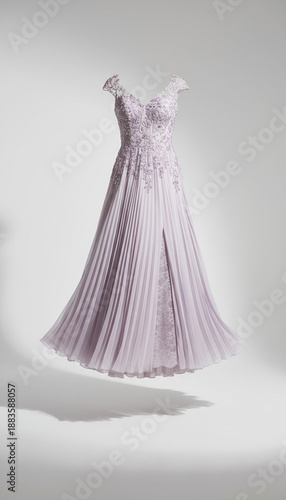 Elegant women’s dress on invisible mannequin, pastel lavender tone, gentle shadow.