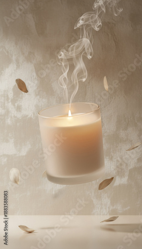 Floating scented candle in glass jar with soft light glow, cream background, elegant.
