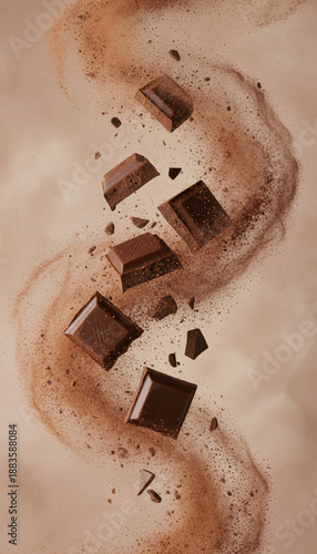 Floating chocolate bar pieces and cocoa dust in air, brown pastel background.