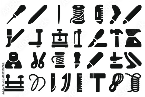 Bookbinding Tools Icons. Solid style icons of Bookbinding Tools: awl, bone folder, sewing needle, waxed thread, cutting knife,