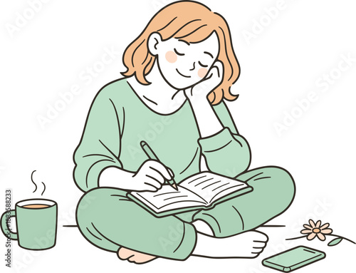 Mindful Woman Journaling. Woman reflecting while writing personal thoughts in a notebook, relaxed seated pose and gentle focus