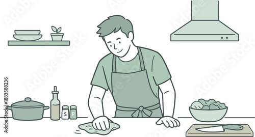 Calm Kitchen Cleanup. Man tidying up the kitchen counter after cooking, gentle movements as he cleans with a cloth, clean flat