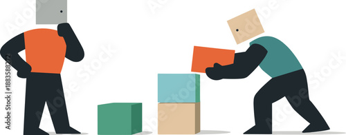 Image Generation. Second abstract geometric human figure appears moving one block into sequential relation while first observes,