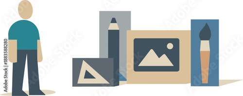 Image Generation. Abstract geometric human figure stands before immobilized creative tools encased in rigid shapes expressing