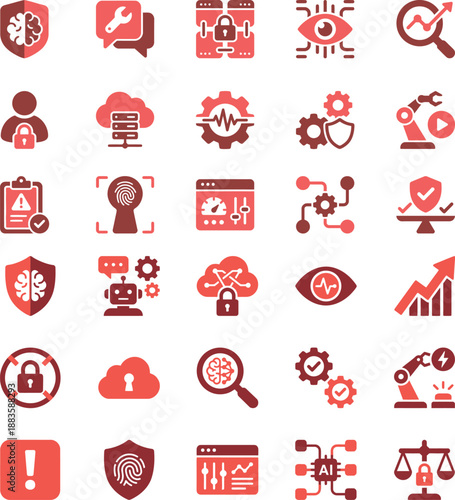Modern digital icon collection symbolizing technology advancements, cybersecurity, artificial intelligence, robotics, cloud computing, and data management. Perfect for illustrating complex tech concep