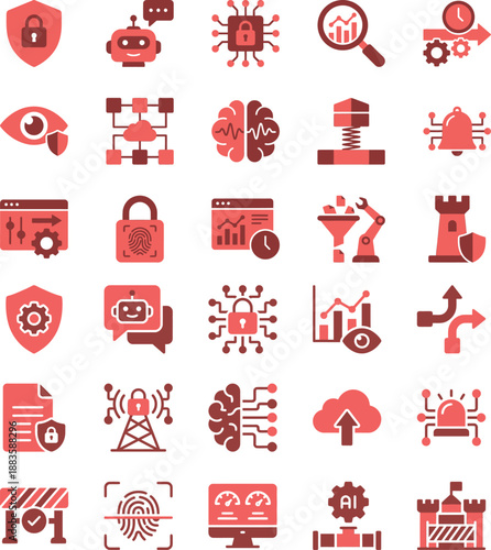 Comprehensive icon set featuring cybersecurity, artificial intelligence, data analysis, cloud computing, and network technology. Perfect for digital projects and presentations.