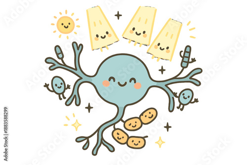 Cheerful Neuron Dance. Cute doodle light-controlled neuron illustration with happy axons and dendrites, cartoon photoreceptors