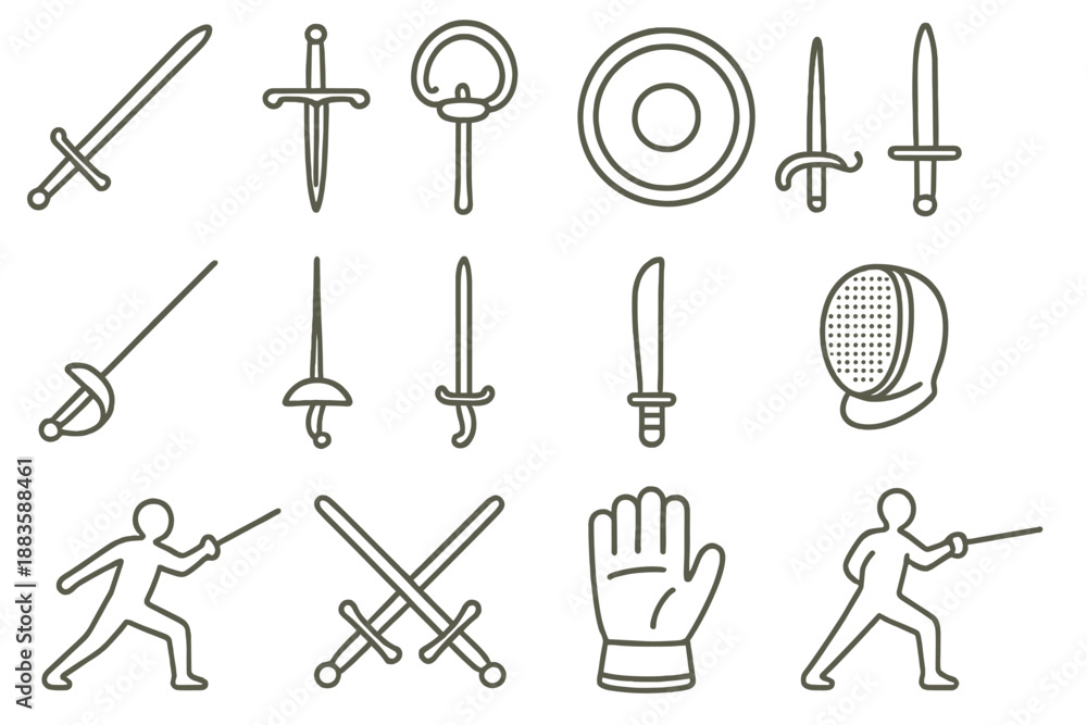 Fototapeta premium Historical Fencing Icons. Line style icons of historical fencing: longsword, side sword, buckler, dagger; foil, épée, practice