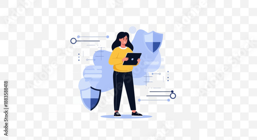 Woman with tablet surrounded by abstract digital security elements.
