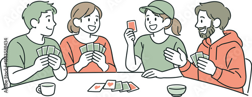 Friendly Card Game. Close friends enjoying a casual card game together, seated comfortably at a table with a few cards laid out
