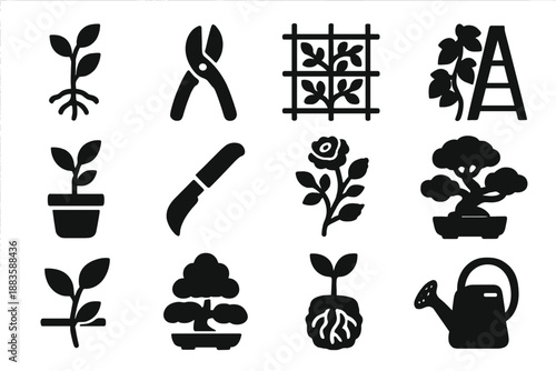 Plant Training Icons. Solid style icons of plant selection and training: nursery sapling, pruning shears, espalier frame, trellis
