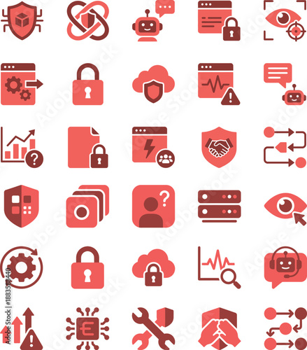 A comprehensive set of digital icons depicting cybersecurity, data protection, artificial intelligence, and business processes in a modern flat design style. Perfect for tech-related projects.