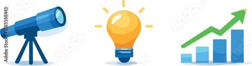 Innovation Icons. Future-oriented innovation theme portrayed through clear conceptual symbols, three symbolic icons arranged