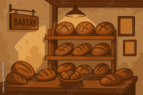 Charming Rustic Bakery Ambiance. Charming rustic bakery with loaves of freshly baked bread vector illustration arranged on wooden