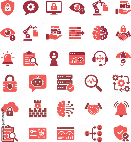 Collection of modern flat red and maroon icons representing cybersecurity, data protection, network security, digital technology, AI, and business processes on a white background.