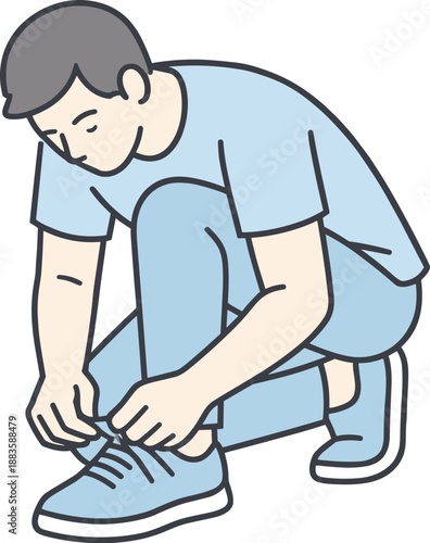 Tying Shoelaces Calmly. Man bends down tying shoe laces with focused calm movement. Minimalist flat line vector illustration,