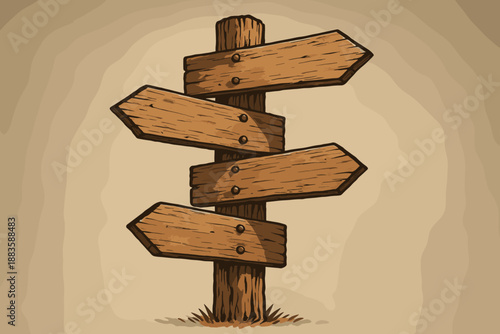 Directional Sign in Twilight. Weathered wooden signpost with multiple arrows pointing in different directions, vector illustration