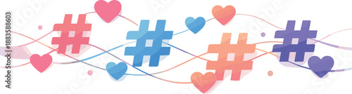 Hashtag Love Network. Abstract social hashtags connected by heart-shaped nodes in a modern flow, modern flat vector illustration