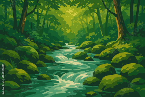 Tranquil Forest Stream. Scenic forest stream flowing through mossy rocks under dappled sunlight, serene and tranquil, vector