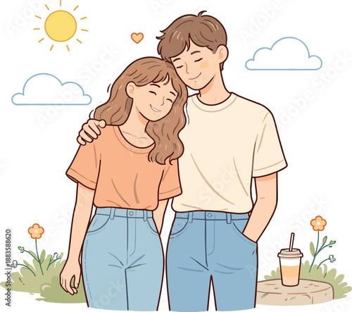 Sunny Day Together. Partners spending a bright sunny day together, standing close and sharing a calm moment under the sun, clean