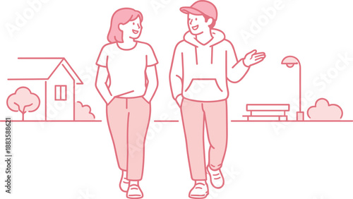 Friendly Stroll Illustration. Two friends stroll slowly along a neighborhood street enjoying conversation Minimalist flat line