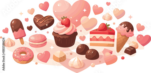 Dessert Love Artistry. Abstract sweet romance scene built from floating dessert items, heart shapes, and glowing accents, modern