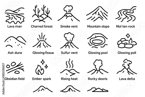 Volcanic Landscapes Icons. Line style icons of volcanic landscapes: lava river, charred forest, smoke vent, mountain slope, molten